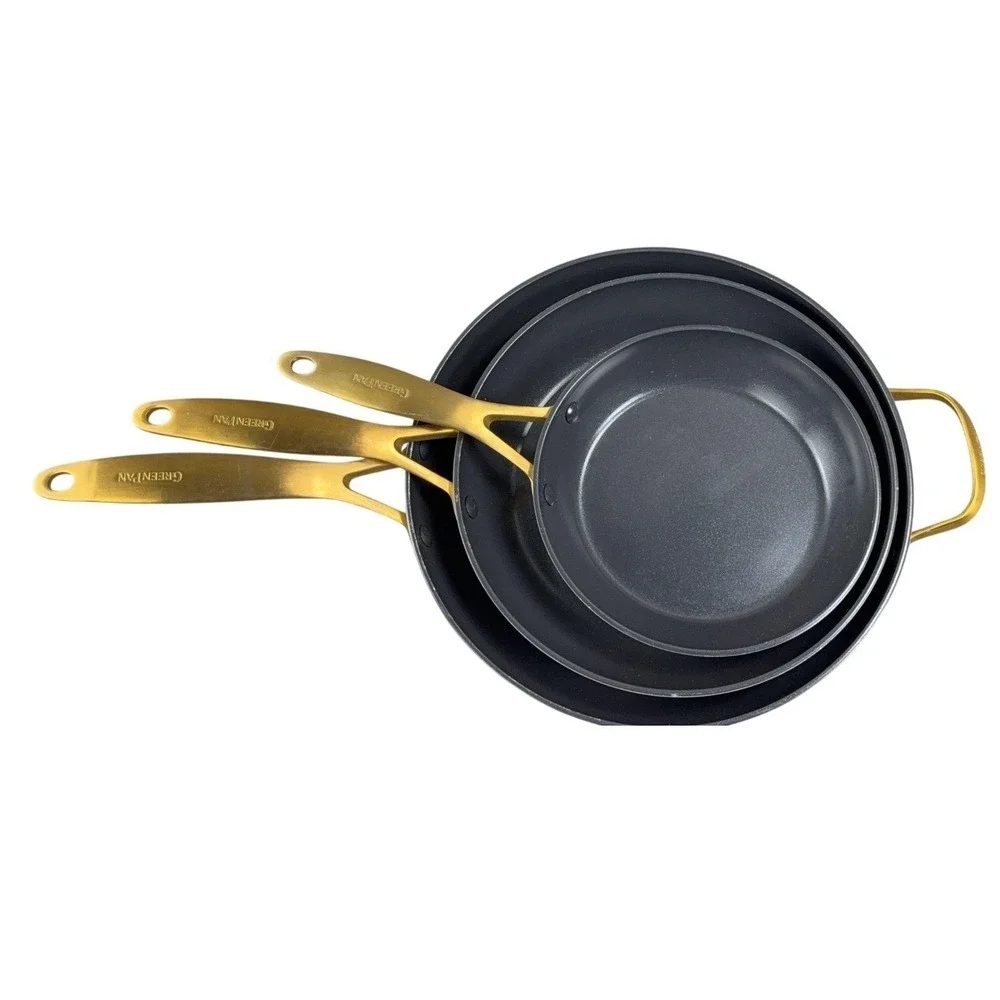GreenPan Ceramic Non-Stick Frying Pans Set of 3 Black Gold‎ Handles Induction